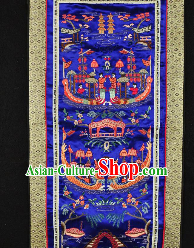 Traditional Chinese Embroidered Dragon Boat Race Decorative Painting Hand Embroidery Royalblue Silk Picture Craft