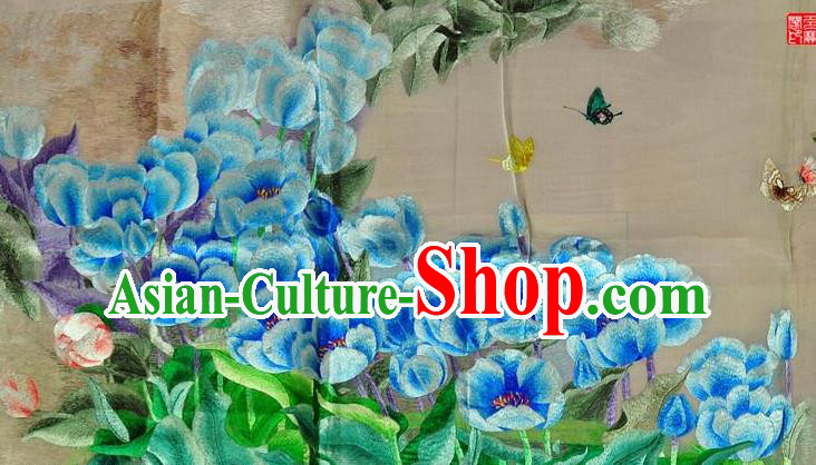 Traditional Chinese Embroidered Blue Tulip Decorative Painting Hand Su Embroidery Flowers Butterfly Silk Wall Picture Craft