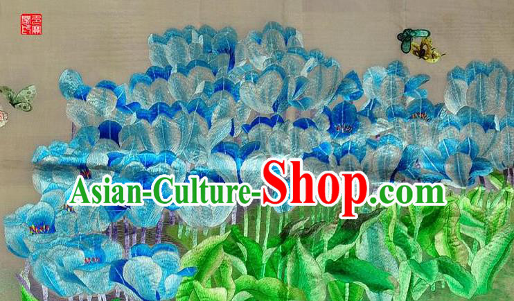 Traditional Chinese Embroidered Blue Tulip Decorative Painting Hand Su Embroidery Flowers Butterfly Silk Wall Picture Craft