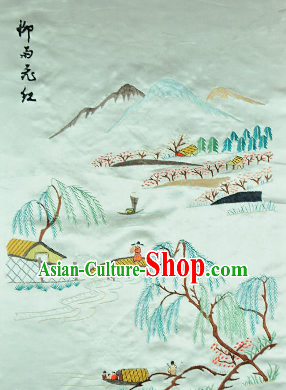 Traditional Chinese Embroidered Landscape Decorative Painting Hand Embroidery Light Green Silk Picture Craft