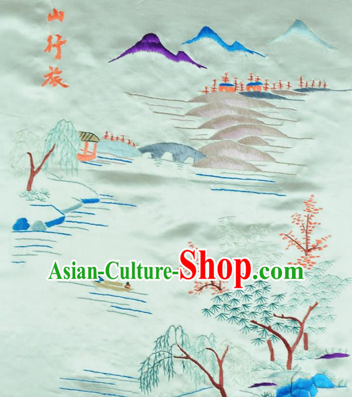 Traditional Chinese Embroidered Landscape Decorative Painting Hand Embroidery Light Blue Silk Picture Craft
