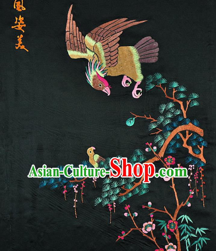Traditional Chinese Embroidered Eagle Pine Bamboo Decorative Painting Hand Embroidery Black Picture Craft