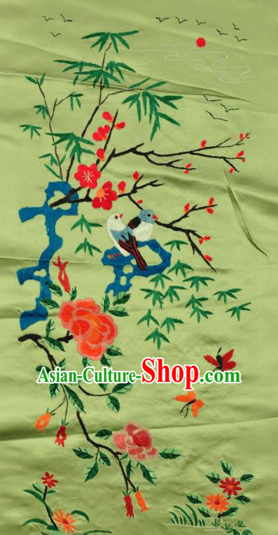 Traditional Chinese Embroidered Plum Peony Birds Decorative Painting Hand Embroidery Green Silk Picture Craft