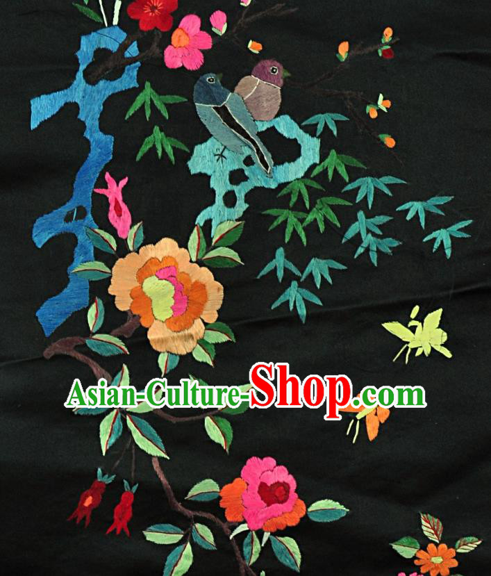 Traditional Chinese Embroidered Plum Peony Birds Decorative Painting Hand Embroidery Black Silk Picture Craft