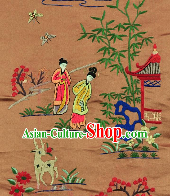 Traditional Chinese Embroidered Palace Lady Decorative Painting Hand Embroidery Brown Silk Picture Craft