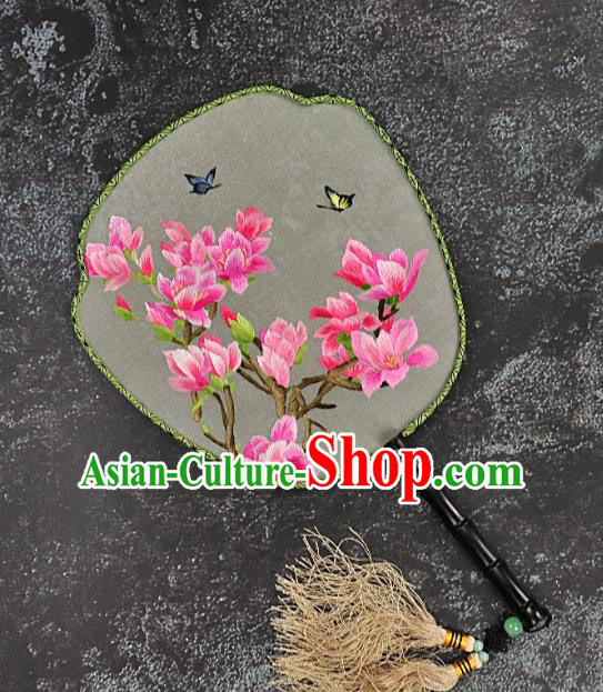 Chinese Traditional Embroidered Yulan Magnolia Silk Fans Craft Handmade Embroidery Palace Fan