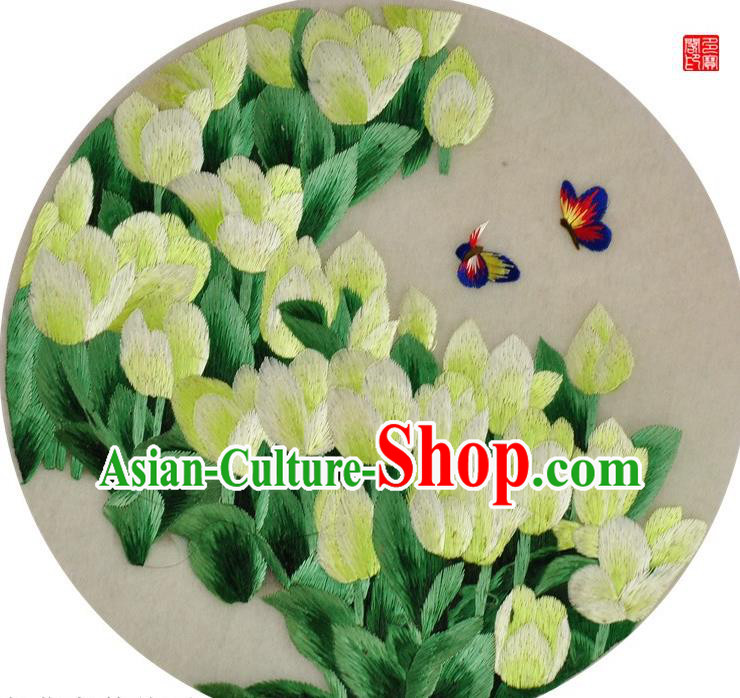 Traditional Chinese Embroidered Tulip Decorative Painting Hand Embroidery Butterfly Silk Round Wall Picture Craft