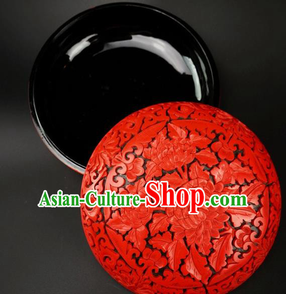 Traditional Chinese Carving Peony Flowers Lacquerware Hand Red Rouge Box Craft