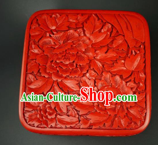 Traditional Chinese Carving Peony Flowers Lacquerware Hand Red Square Rouge Box Craft