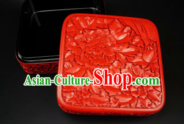 Traditional Chinese Carving Peony Flowers Lacquerware Hand Red Square Rouge Box Craft