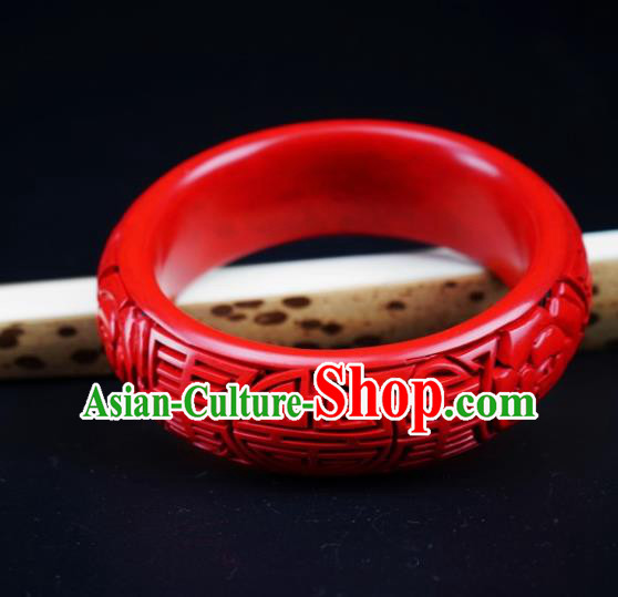 Traditional Chinese Carving Rose Lacquerware Bracelet Hand Red Bangle Accessories