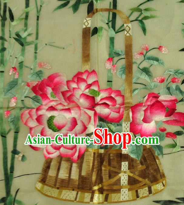 Traditional Chinese Embroidered Pink Lotus Decorative Painting Hand Embroidery Bamboo Silk Wall Picture Craft