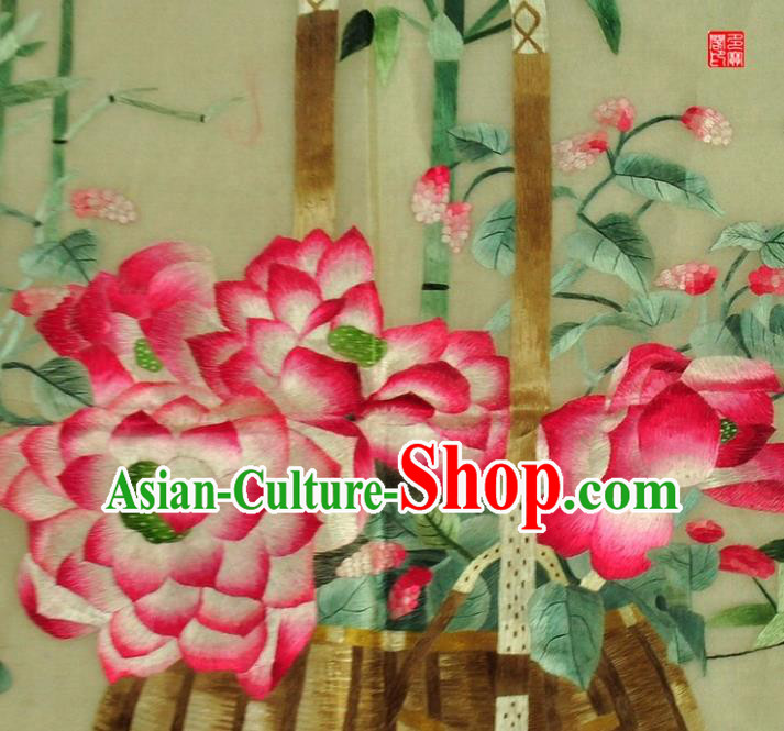Traditional Chinese Embroidered Pink Lotus Decorative Painting Hand Embroidery Bamboo Silk Wall Picture Craft