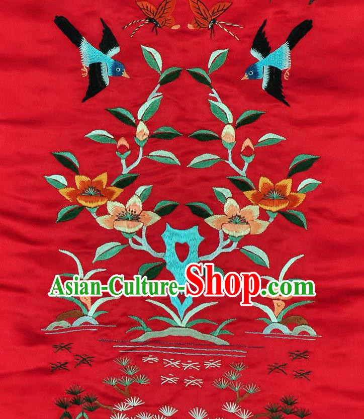 Traditional Chinese Embroidered Flowers Bird Decorative Painting Hand Embroidery Pine Red Silk Wall Picture Craft