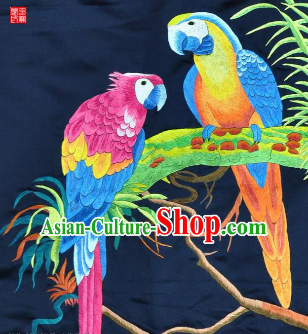 Traditional Chinese Embroidered Parrot Decorative Painting Hand Embroidery Navy Silk Wall Picture Craft