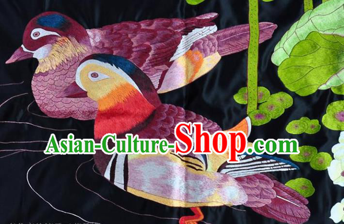 Traditional Chinese Embroidered Mandarin Duck Decorative Painting Hand Embroidery Black Silk Wall Picture Craft