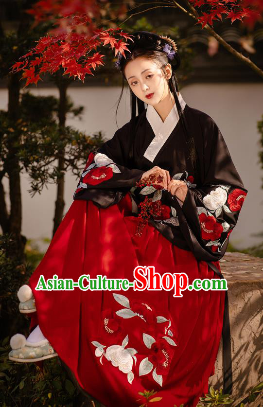 Chinese Ming Dynasty Princess Costumes Traditional Ancient Noble Lady Garment Hanfu Embroidered Black Blouse and Red Skirt Full Set