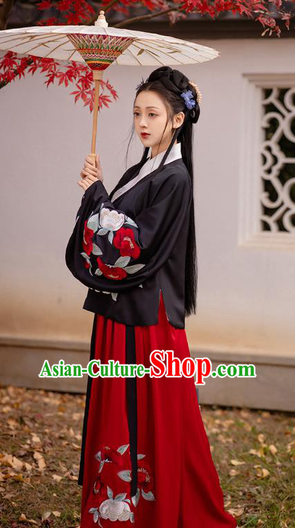 Chinese Ming Dynasty Princess Costumes Traditional Ancient Noble Lady Garment Hanfu Embroidered Black Blouse and Red Skirt Full Set