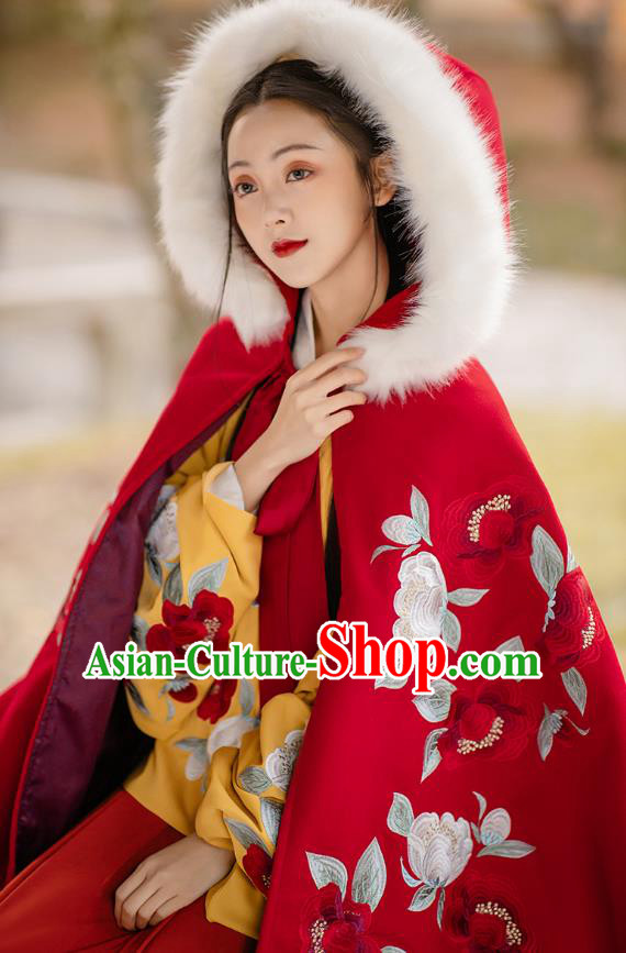 Chinese Ming Dynasty Embroidered Red Cape Costumes Traditional Ancient Princess Garment Hanfu Wool Hooded Cloak for Women