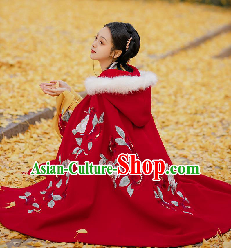 Chinese Ming Dynasty Embroidered Red Cape Costumes Traditional Ancient Princess Garment Hanfu Wool Hooded Cloak for Women