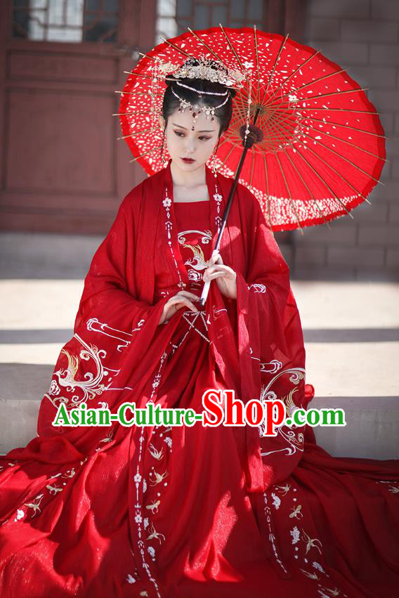 Chinese Traditional Wedding Hanfu Tang Dynasty Princess Costumes Ancient Bride Garment Red Cloak Blouse and Skirt Full Set
