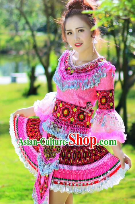 China Miao Ethnic Folk Dance Apparels Minority Stage Performance Costumes Yunnan Nationality Women Pink Short Dress and Headpiece