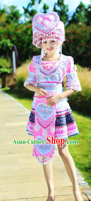 China Yao Nationality Folk Dance Short Dress Ethnic Women Apparels Miao Minority Costumes and Headdress