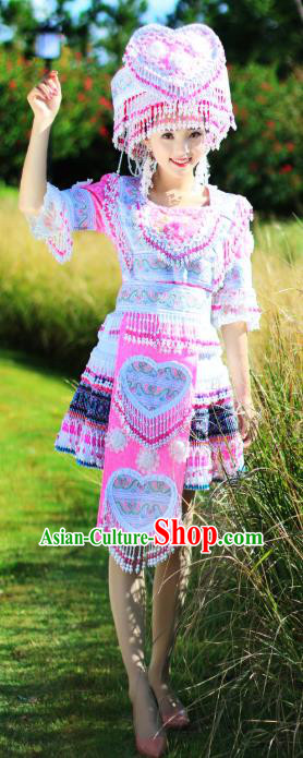 China Yao Nationality Folk Dance Short Dress Ethnic Women Apparels Miao Minority Costumes and Headdress