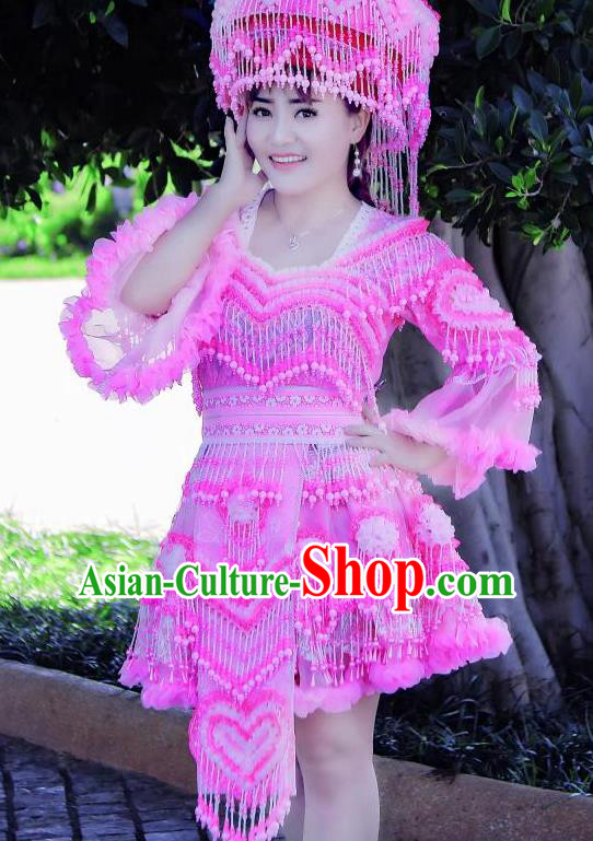 China Ethnic Women Pink Short Dress Yunnan Nationality Women Apparels Miao Minority Folk Dance Costumes with Headwear