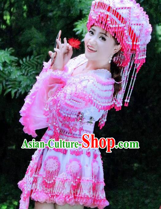 China Yao Ethnic Women Short Dress Yunnan Nationality Women Folk Dance Apparels Miao Minority Costumes with Headwear