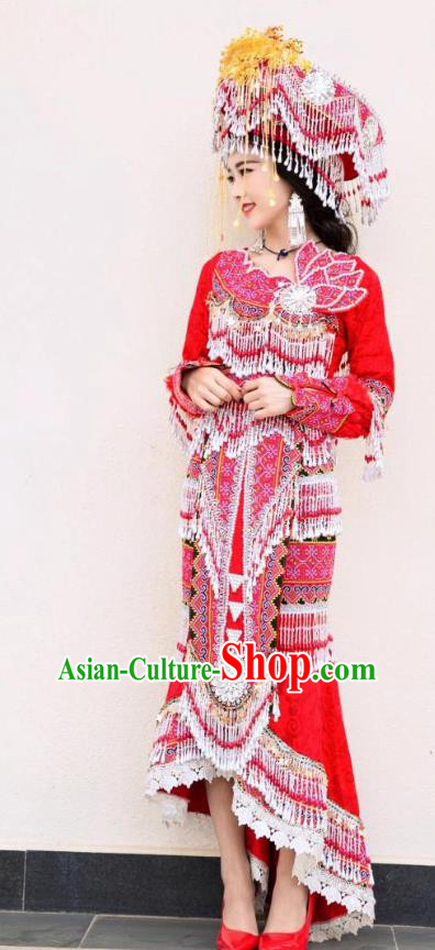 China Ethnic Embroidered Red Dress Miao Minority Wedding Clothing Yunnan Nationality Bride Apparels and Headdress