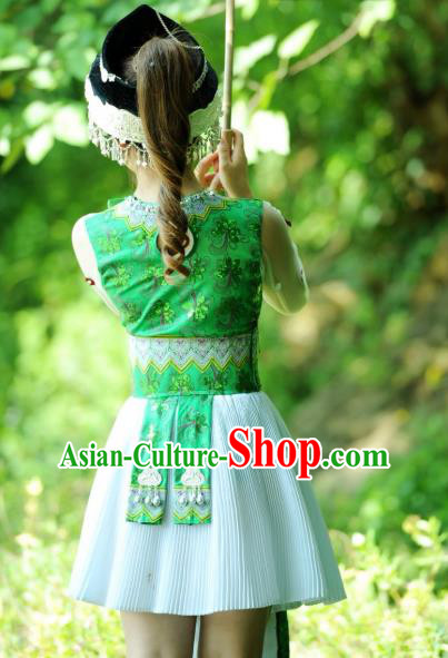 China Guangxi Yao Nationality Folk Dance Apparels Minority Women Clothing Ethnic Green Short Dress and Hat