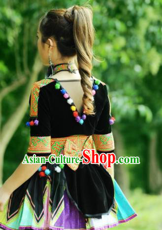 China Nationality Folk Dance Apparels Minority Clothing Ethnic Women Black Velvet Short Dress