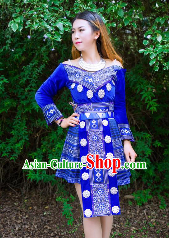 China Yunnan Nationality Royalblue Velvet Blouse and Short Skirt Miao Minority Folk Dance Clothing Wenshan Ethnic Women Apparels