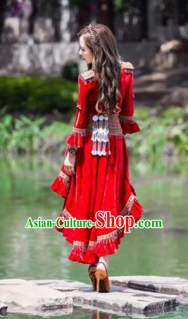 China Ethnic Women Apparels Miao Nationality Red Velvet Blouse and Short Skirt Minority Folk Dance Clothing