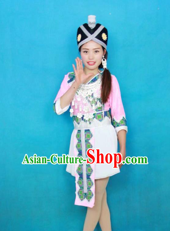 Top Grade Wenshan Ethnic Dance Apparels Minority Pink Blouse and Short Skirt China Miao Nationality Clothing with Hat