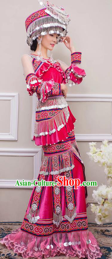 China Guizhou Nationality Bride Apparels Miao Minority Wedding Clothing Ethnic Embroidered Rosy Velvet Long Dress and Headwear