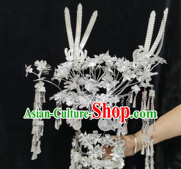 Handmade Ethnic Women Hair Accessories Chinese Miao Minority Silver Phoenix Coronet Headwear