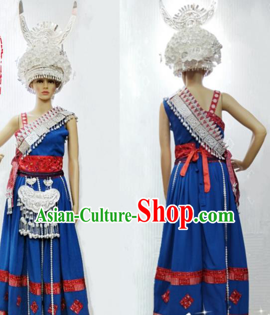 China Miao Minority Royalblue Blouse and Skirt Traditional Hmong Festival Apparels Ethnic Celebration Clothing with Headwear