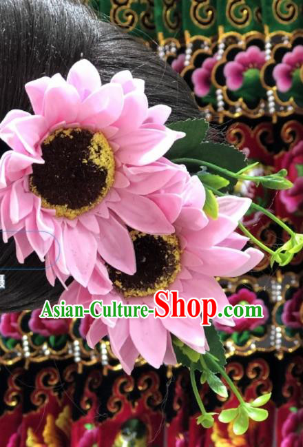 China Miao Minority Nationality Women Headwear Handmade Pink Sunflowers Hair Stick Ethnic Wedding Hair Accessories