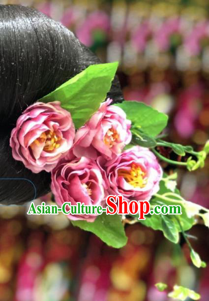 Chinese Handmade Ethnic Bride Hair Accessories Miao Minority Wedding Women Pink Roses Hair Stick