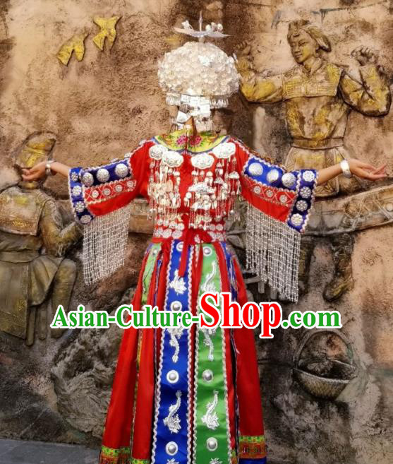 China Minority Embroidered Red Blouse and Skirt Traditional Ethnic Bride Apparels Miao Nationality Wedding Clothing with Headwear