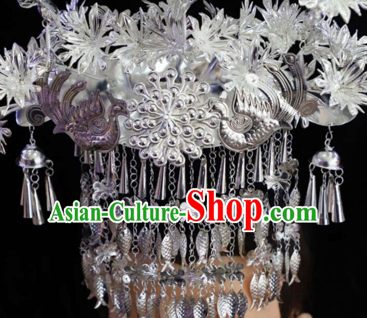China Miao Nationality Stage Performance Hair Accessories Handmade Ethnic Minority Jewelry Bride Silver Phoenix Coronet