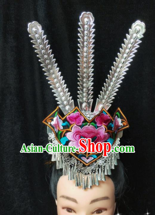 China Miao Nationality Embroidered Hair Crown Handmade Ethnic Minority Hair Accessories Bride Silver Phoenix Coronet