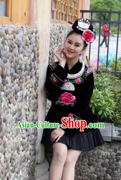China Traditional Folk Dance Apparels Ethnic Women Clothing Leishan Miao Minority Embroidered Black Blouse and Short Skirt