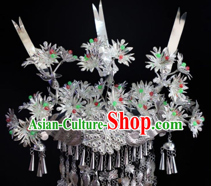 China Miao Nationality Colorful Beads Phoenix Coronet Hair Accessories Handmade Ethnic Minority Jewelry Bride Silver Fish Tassel Headwear