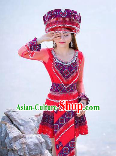 Top Grade China Ethnic Apparels Miao Minority Folk Dance Clothing Hmong Nationality Female Costume with Beads Tassel Hat
