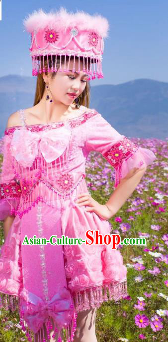 China Minority Folk Dance Costume Yunnan Miao Ethnic Pink Blouse and Short Pleated Skirt with Feather Hat