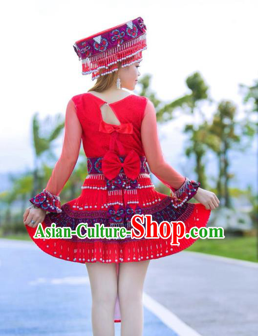 Top Grade China Ethnic Apparels Miao Minority Folk Dance Clothing Hmong Nationality Female Costume with Beads Tassel Hat