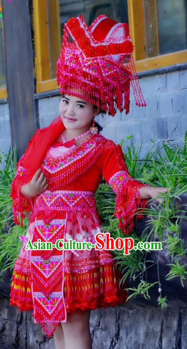 China Ethnic Traditional Festival Clothes Wedding Red Dress Miao Minority Folk Dance Costume and Hat
